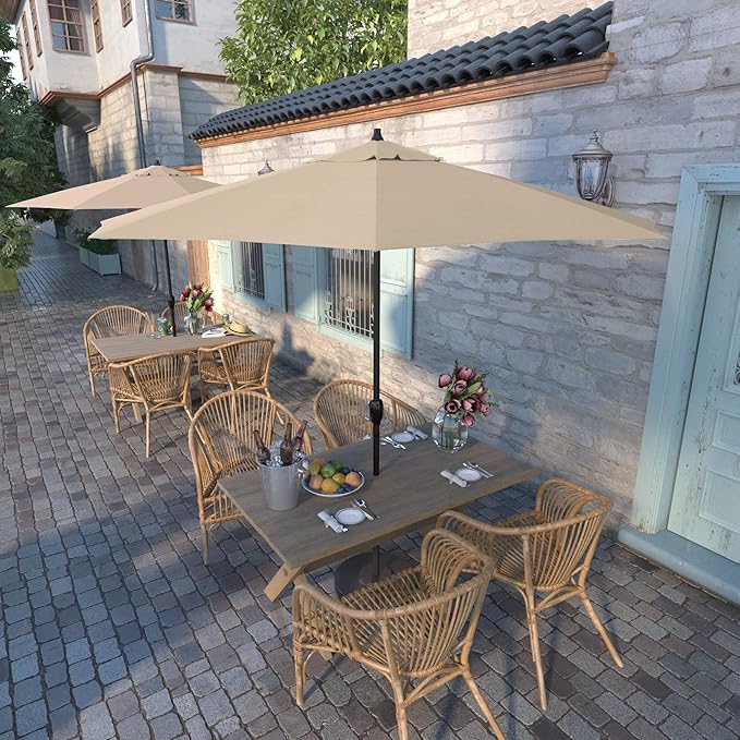 California Umbrella 9' Round Aluminum Outdoor Deck, Pool or Patio Umbrella, Crank Lift, Auto Tilt, Bronze Pole, Antique Beige Olefin