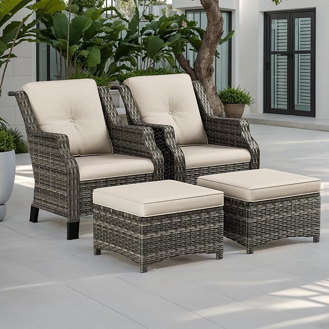 4 Piece Patio Furniture Set, 2 Chairs and 2 Ottomans PE Wicker Footstool, Outdoors Rattan Conversation Set with Deep Seating and Olefin Cushions, for Backyard, Garden, Beige