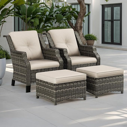 4 Piece Patio Furniture Set, 2 Chairs and 2 Ottomans PE Wicker Footstool, Outdoors Rattan Conversation Set with Deep Seating and Olefin Cushions, for Backyard, Garden, Beige