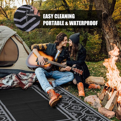 HUGEAR Outdoor Plastic Straw Rug, Waterproof Outdoor Rugs for Patios Clearance, Reversible Area Rug, Large Outside Carpet for Camping, Balcony, RV, Deck, Picnic, Beach (5x8ft Lantern/Black&Grey)