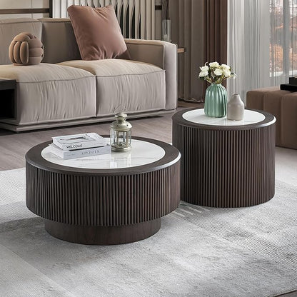 kevinplus ø35.43'' Round Faux Marble Coffee Table for Living Room, Modern Drum Circle Embossment Fluted Pedestal Wooden Coffee Table, No Assembly, Dark Brown