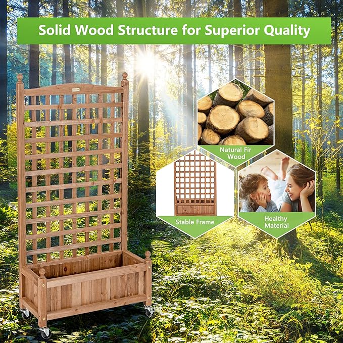 Giantex Mobile Plant Raised Bed, Wood Planter with Lattice Trellis and Wheels, Flower Box for Plant Climbing, Vertical Garden for Balcony Patio Yard, 25"x11"x 50"