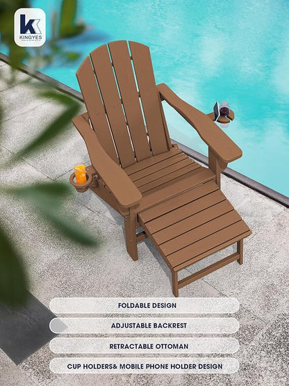 KINGYES Folding Adjustable Adirondack Chair with Ottoman & 2 Cup Holders Set of 2, HDEP Multifunctional Adirondack Chair with Footrest, Brown