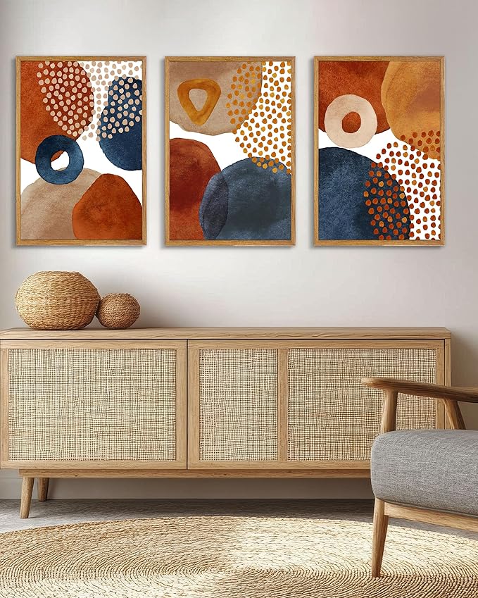 UPWOIGH Large Framed Canvas Wall Art, Set of 3 Watercolor Decor in Navy Blue, Terracotta, Burnt Orange, Beige, 16x24in Minimalist Natural Cotton Posters, Boho Modern Aesthetic for Living Room, Bedroom