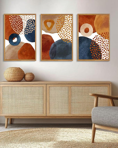 UPWOIGH Large Framed Canvas Wall Art, Set of 3 Watercolor Decor in Navy Blue, Terracotta, Burnt Orange, Beige, 16x24in Minimalist Natural Cotton Posters, Boho Modern Aesthetic for Living Room, Bedroom