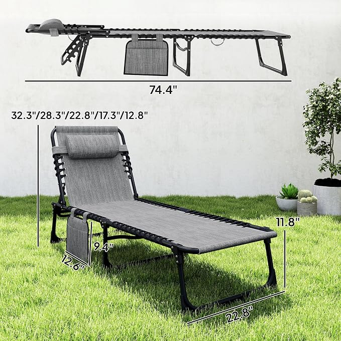 Outsunny Folding Chaise Lounge Chair Outdoor, Sun Tanning Chair with Side Pocket, Carrying Strap, Portable Patio Beach Lounger with 5-Position Reclining Back, Headrest for Pool, Camping, Yard, Gray