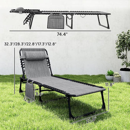 Outsunny Folding Chaise Lounge Chair Outdoor, Sun Tanning Chair with Side Pocket, Carrying Strap, Portable Patio Beach Lounger with 5-Position Reclining Back, Headrest for Pool, Camping, Yard, Gray