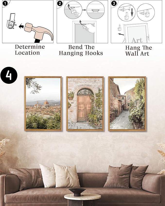 UPWOIGH Large Framed Canvas Wall Art, Set of 3 Italy Florence Travel Decor, 16x24in minimalist Natural Cotton Posters with Architecture, Tuscany Countryside, Farmhouse Aesthetic for Living Room,Office