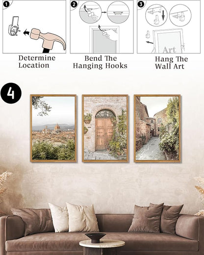 UPWOIGH Large Framed Canvas Wall Art, Set of 3 Italy Florence Travel Decor, 16x24in minimalist Natural Cotton Posters with Architecture, Tuscany Countryside, Farmhouse Aesthetic for Living Room,Office