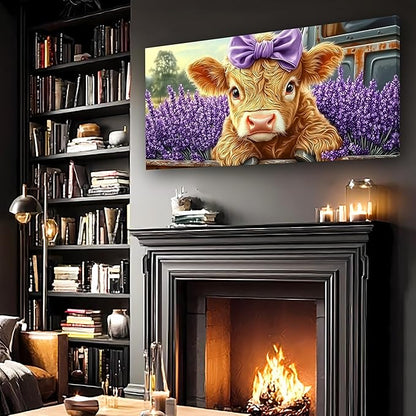 Haichuang Decor Art 40x20 Inch Highland Cow Canvas Wall Art, Cute Cow with Purple Bow & Lavender Field Print, Framed Ready to Hang for Living Room Bedroom Bathroom, Farmhouse Animal Wall Decor