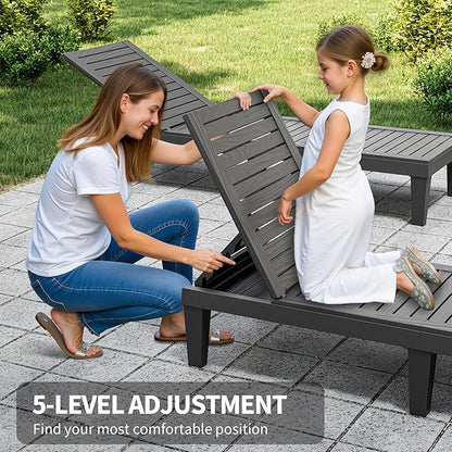 Outdoor Lounge Chair Set of 2 with 1 Black Side Table, 5-Positions Adjustable Patio Chaise Lounge with End Table, Waterproof Pool Lounge Chairs for Poolside, Backyard, Striped Black