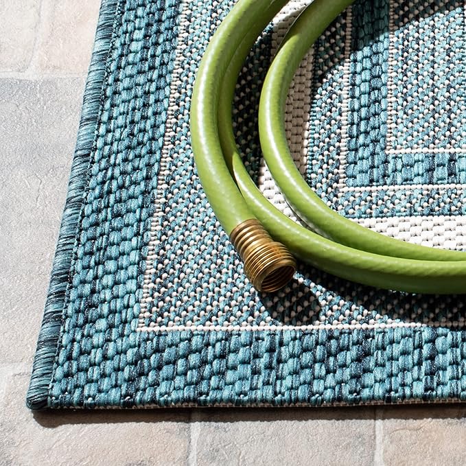 SAFAVIEH Washable Rug Outdoor Courtyard Collection - 5'3" x 7'7", Ivory & Teal, Non-Shedding & Easy Cleaning, Ideal for Patio, Backyard, Mudroom (CY8475-53512)