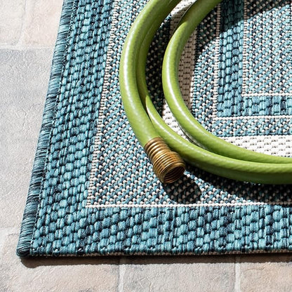 SAFAVIEH Washable Rug Outdoor Courtyard Collection - 5'3" x 7'7", Ivory & Teal, Non-Shedding & Easy Cleaning, Ideal for Patio, Backyard, Mudroom (CY8475-53512)