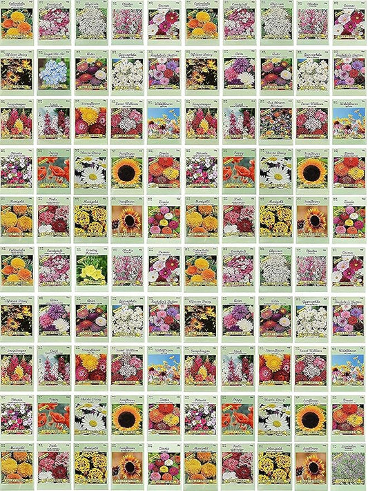 Set of 100 Flower Seed Packets - Flower Seeds in Bulk - 15 or More Varieties Available - Great for Creating Colorful Gardens (100)
