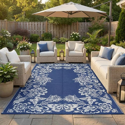 Garvee 5’x8’ Waterproof Patio Outdoor Rug, Outdoor Plastic Straw Rug for Camping, RV Mat Outside, Indoor Outdoor Carpet for Porch, Deck, Backyard, Balcony, Picnic, Navy & White