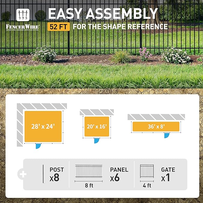 Fencer Wire 52FT Heavy Duty Flat Top Fence Barrier Kit, Anti-Rust Metal Steel Fence with 6FT Height X 8FT Width Panels, Gate, Posts, Connectors, 2” Diameter Outdoor Fencing for Yard, Pool, Patio