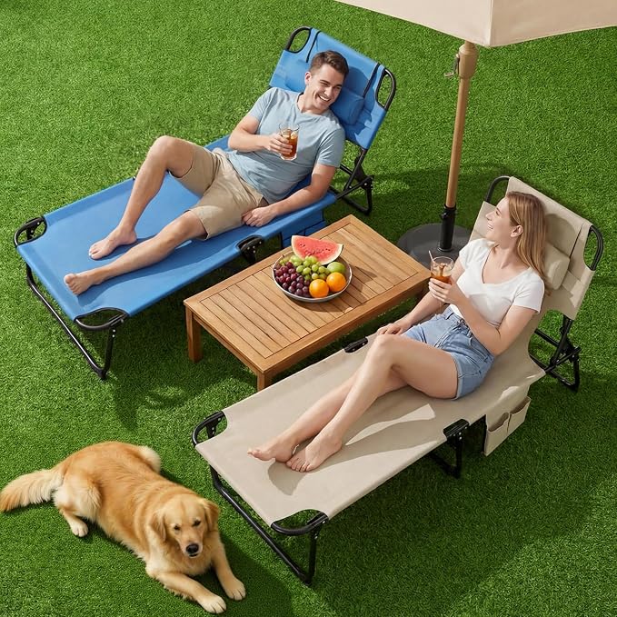 3-in-1 Sun Tanning Chair with Face Holes, Folding Chaise Lounge Chairs, 5-Position Adjustable Lounge Chair Outdoor with 2 Side Pocket & Pillow, for Pool Beach, Patio, Camping, Beige