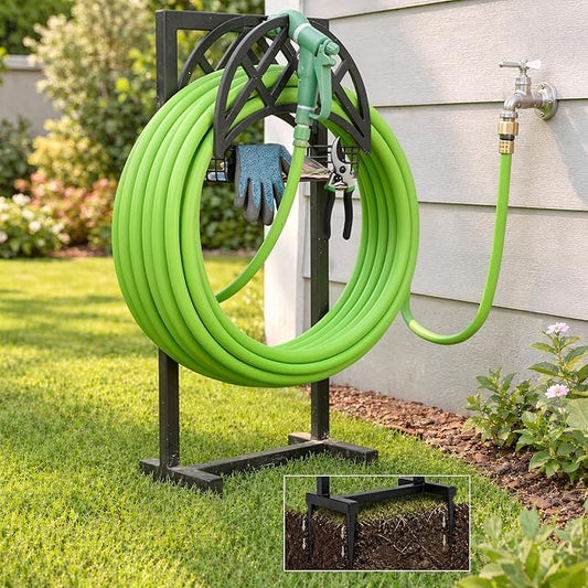 Oriva Garden Hose Holder Stand, Freestanding Water Hose Holder for Outside, Heavy Duty Rust-Resistant Metal Hose Hanger w/ 4-Spike Base, Holds upto 160ft, Outdoor Hose Storage for Yard, Lawn & Garden