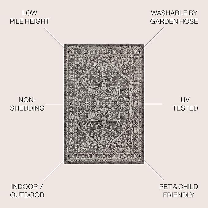 JONATHAN Y Boho Medallion Indoor Outdoor Square Area Rug 6X6 Black/Gray, Malta Textured Weave for Backyard, Patio, Porch, Easy-Cleaning, High Traffic, Pet-Friendly, Non-Shedding (SMB104C-6SQ)