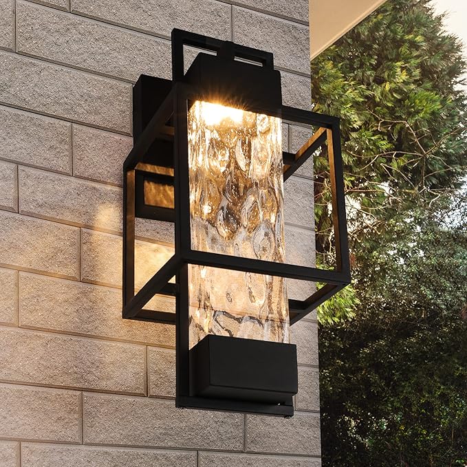 PARTPHONER Modern Outdoor Light Fixture Outdoor Lighting, 15" H Exterior Wall Sconce Waterproof Porch Light, Outside Light for House with Water Glass for Garage Doorway, Black