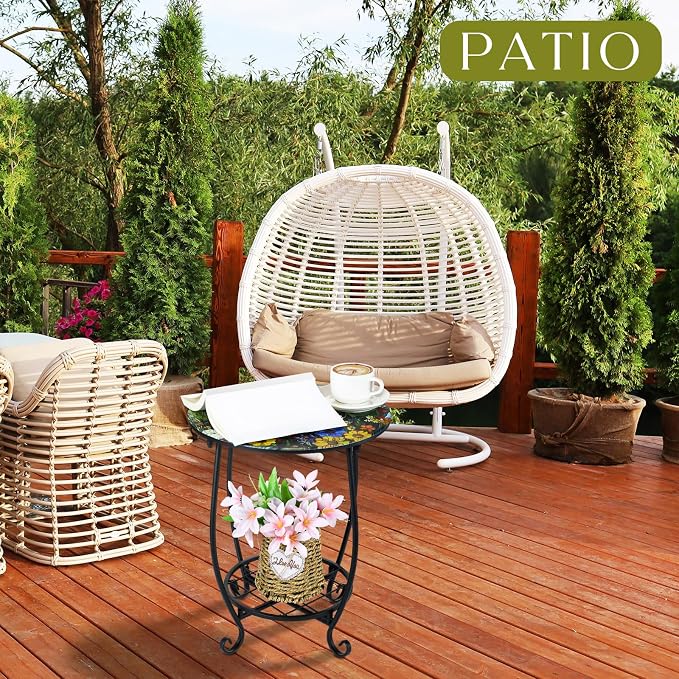 Cinnvoice Outdoor Side Table Round Small Mosaic Patio Accent Indoor End Plant Coffee Tea Table for Yard Patio Porch Garden Living Room, Bedroom(Flower Style,14 Inch)