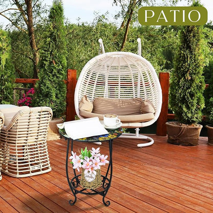 Cinnvoice Outdoor Side Table Round Small Mosaic Patio Accent Indoor End Plant Coffee Tea Table for Yard Patio Porch Garden Living Room, Bedroom(Flower Style,14 Inch)