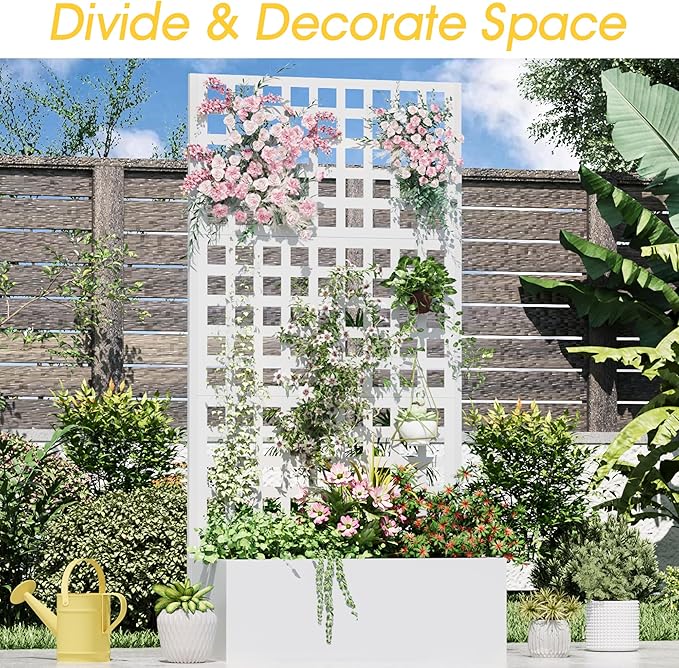 Metal Planter Box with Trellis, 71"x 35"x 16" Raised Garden Bed with Trellis, Planter Box Trellis with Privacy Screen and Drainage Holes, White