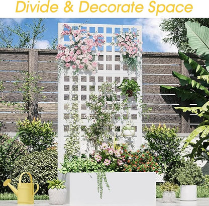 Metal Planter Box with Trellis, 71"x 35"x 16" Raised Garden Bed with Trellis, Planter Box Trellis with Privacy Screen and Drainage Holes, White