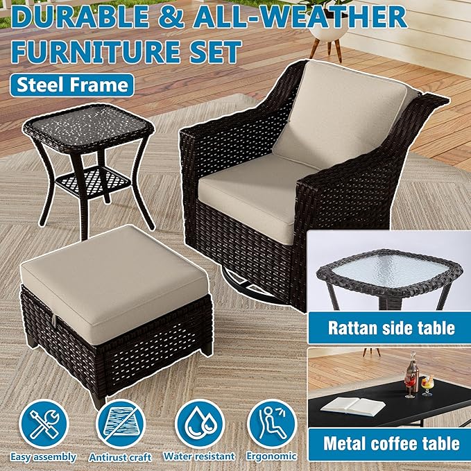 Vista Vibe 5 Pieces Outdoor Rattan Patio Conversation Furniture Set - 360 Degree Swivel Glider Rocker Chairs | Coffee Table | 2 Wicker Ottomans, Premium & Washable Cushions, Terrace (Brown/Beige)