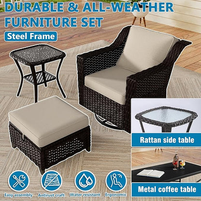 Vista Vibe 5 Pieces Outdoor Rattan Patio Conversation Furniture Set - 360 Degree Swivel Glider Rocker Chairs | Coffee Table | 2 Wicker Ottomans, Premium & Washable Cushions, Terrace (Brown/Beige)