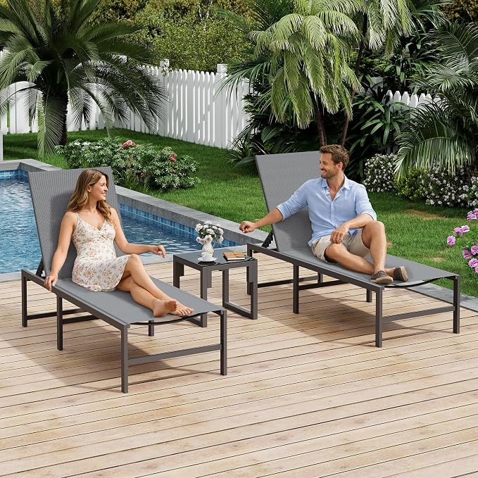 UDPATIO Chaise Lounge Chair Patio Pool Lounge Chair Outdoor with 5 Position Adjustable Backrest Poolside Sunloungers Lay Flat Sunbathing Chaise with Backrest for Patio, Beach, Yard, Pool(Gray)