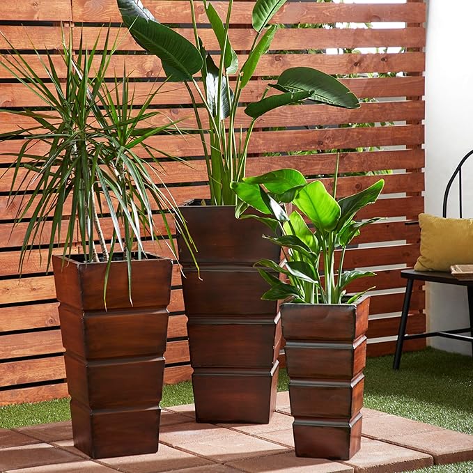 Deco 79 Metal Indoor Outdoor Planter Light Weight Large Planter Pot with Tapered Base and Fluted Design, Set of 3 Planters 31", 25", 20"H, Brown