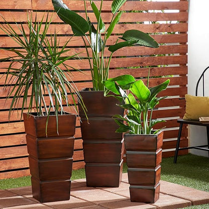 Deco 79 Metal Indoor Outdoor Planter Light Weight Large Planter Pot with Tapered Base and Fluted Design, Set of 3 Planters 31", 25", 20"H, Brown