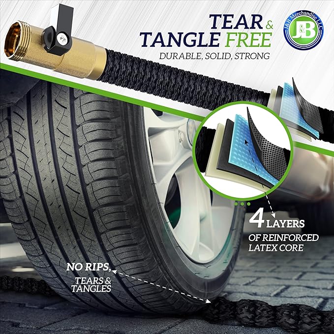 J&B XpandaHose 100ft Expandable Garden Hose – Ultra-Strong 3750D, 4-Layer Latex Core, Brass 3/4" Connectors, 10-Pattern Nozzle & Storage Bag – Lightweight, Kink-Reducing, Leak-Resistant