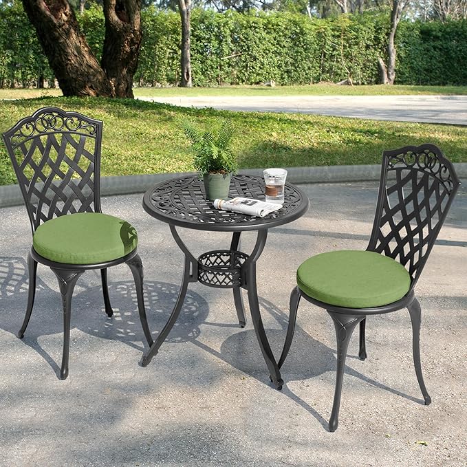 NUU GARDEN 3-Piece Outdoor Bistro Set, Cast Aluminum Patio Table and 2 Chairs with Green Cushions and Umbrella Hole, Weather-Resistant Furniture Set for Garden, Balcony, Porch, Black
