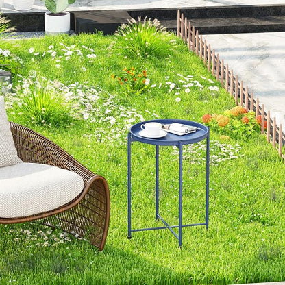 Garden 4 you Small Side Table, Blue Mini Round End Table, Tray Table with Metal Frame, Modern Nightstand for Living Room, Bedroom, Patio, Small Space, 1pcs