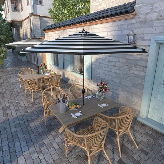 California Umbrella 9' Round Sunbrella Aluminum Outdoor Deck, Pool or Patio Umbrella, Crank Lift, Auto Tilt, Bronze Pole, Cabana Classic