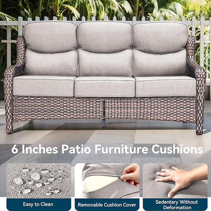 Luxury High Back Outdoor Furniture 6-Inch Thick Cushions with 50,000 BTU Gas Propane Fire Pit Tablet, Patio Furniture Set with Swivel Chairs, for Porch, Balcony, Deck and Yard