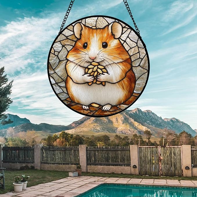 Stained Glass Window Hanging 4 Pcs Set Cute Cat and Dog Large 11.8" - Animal Suncatcher Door Garden Sun Catcher Decor Birthday Mother's Day for Mom Woman Nana Girl Boy Friend