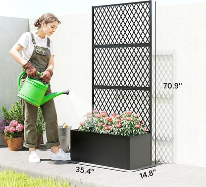 Outsunny Metal Planter Box with Trellis, Raised Garden Bed with Trellis Privacy Screen and Drainage Holes for Climbing Plants, Diamond Lattice Privacy Planter for Garden, Patio, Balcony