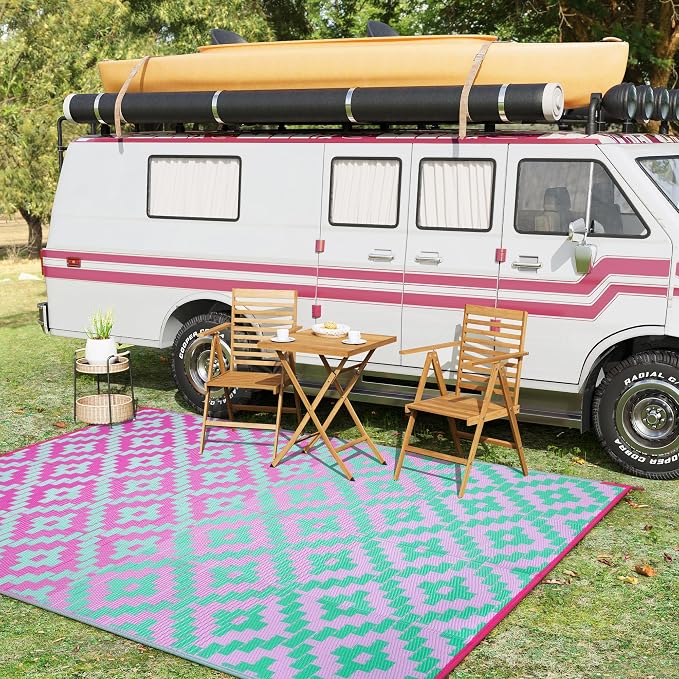 Anidaroel Ombre Outdoor Area Rugs 8x10 Waterproof, Reversible Plastic Straw Outside Rug for Patios Clearance, Large Outdoor Area Rug for RV Camping, Picnic, Camper, Backyard(Green&Pink,8‘x10')