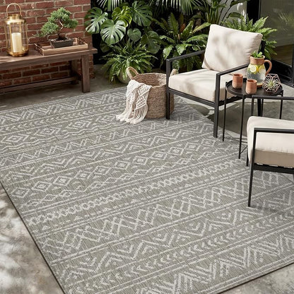 MontVoo-Outdoor Rug-Patio Rug 8x10 Polypropylene Indoor Outdoor Rugs Outdoor Carpet for Patio Deck Balcony Porch, Textured Weave, Durable for High Traffic, Fade-Resistant, Boho Farmhouse Silver Grey