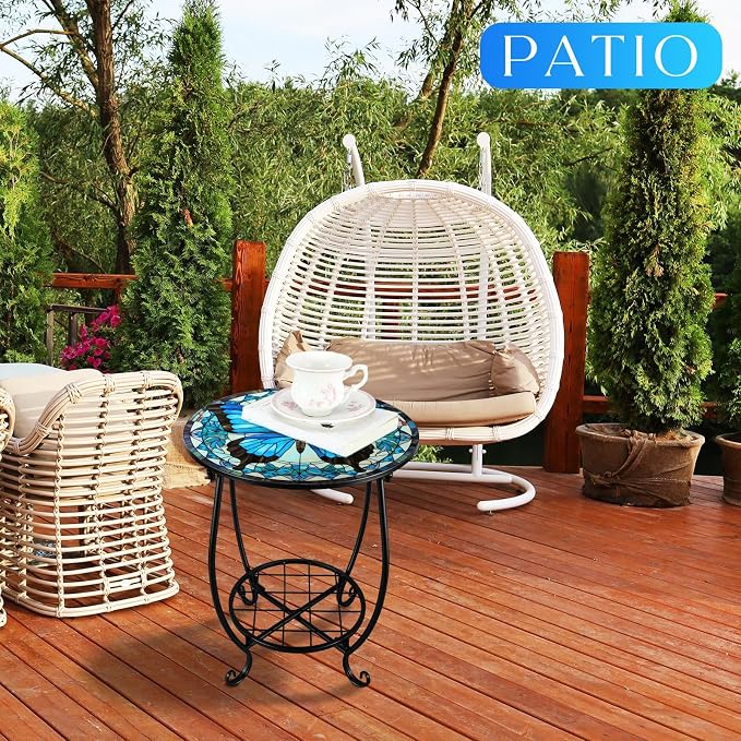 Cinnvoice Outdoor Side Table Round Small Mosaic Patio Accent Indoor End Plant Coffee Tea Table for Yard Patio Porch Garden Living Room, Bedroom