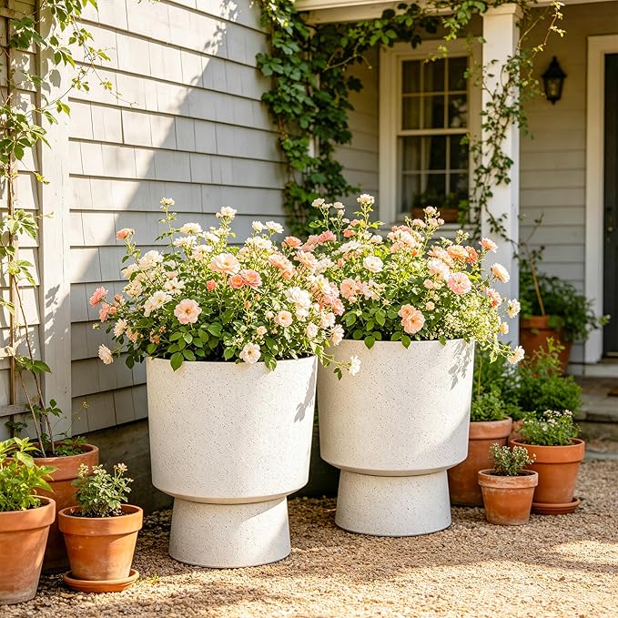 16.75"H Urn-Style Tall Planters, 2-Pack Modern Large Flower Pots for Outdoor Indoor, 2-in-1 Design Plant Containers for Garden Patio Yard Balcony Porch or Home Decor, White Terrazzo, UV-Protect