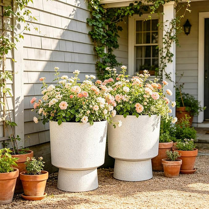 16.75"H Urn-Style Tall Planters, 2-Pack Modern Large Flower Pots for Outdoor Indoor, 2-in-1 Design Plant Containers for Garden Patio Yard Balcony Porch or Home Decor, White Terrazzo, UV-Protect