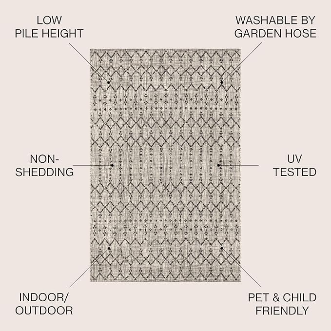 JONATHAN Y Moroccan Geometric Indoor Outdoor Area Rug 5X8 Light Gray/Black, Ourika Textured Weave for Backyard, Patio, Porch, Easy-Cleaning, High Traffic, Pet-Friendly, Non-Shedding (SMB108E-5)