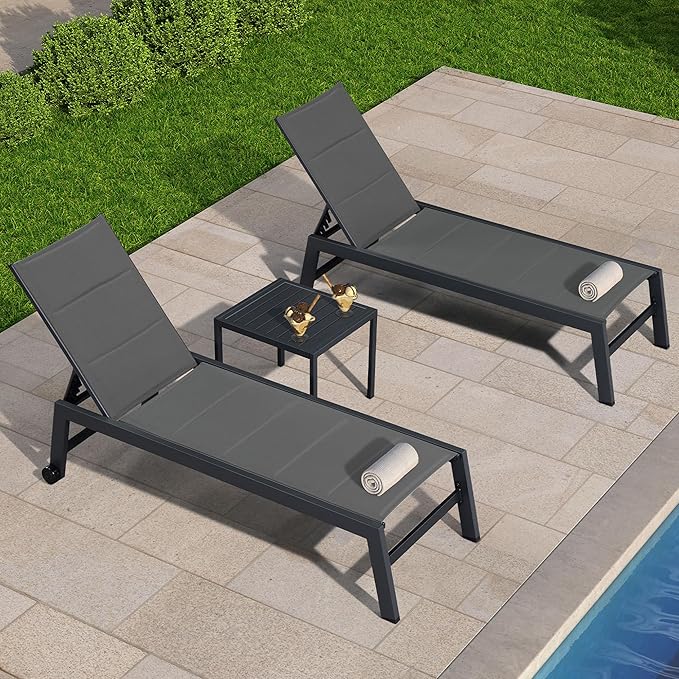 PURPLE LEAF Outdoor Chaise Lounge Set of 2 Aluminum Patio Lounge Chair with Wheels and Side Table Pool Chaise Lounge Chair for Outdoor Backyard Poolside Grey