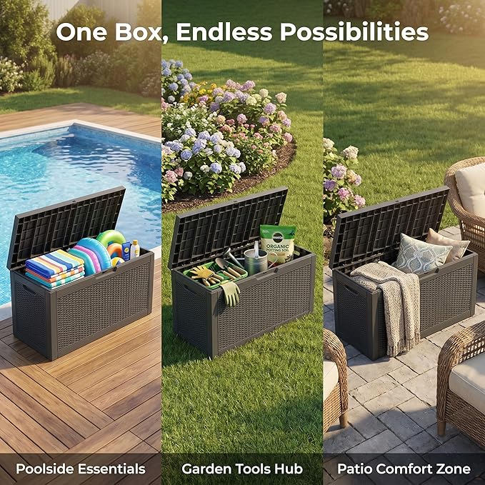 60 Gallon Deck Box, Waterproof Resin Outdoor Storage Box Lockable for Patio Furniture, Fade Resistant Patio Side Table & Organizer for Garden Tools, Pool Floats, Outdoor Cushions, Black