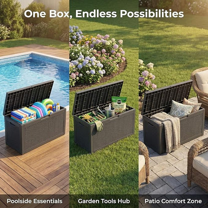 60 Gallon Deck Box, Waterproof Resin Outdoor Storage Box Lockable for Patio Furniture, Fade Resistant Patio Side Table & Organizer for Garden Tools, Pool Floats, Outdoor Cushions, Black