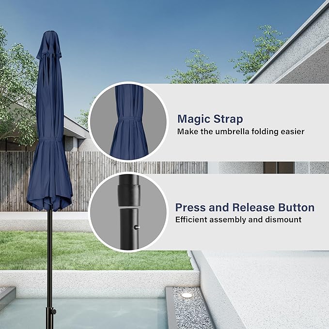 Simple Deluxe 9FT Outdoor Patio Umbrella Table Market Umbrella with Push Button Tilt and Crank, 8 Sturdy Ribs, UV Protection Waterproof for Garden, Lawn, Deck, Backyard, Pool, Dark Blue
